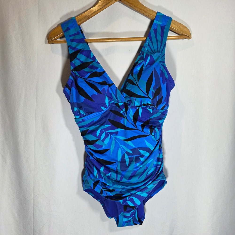 Embrace Your Curves Miracle Brands Blue Tropical Leaf One Piece Swimsuit M 8-10